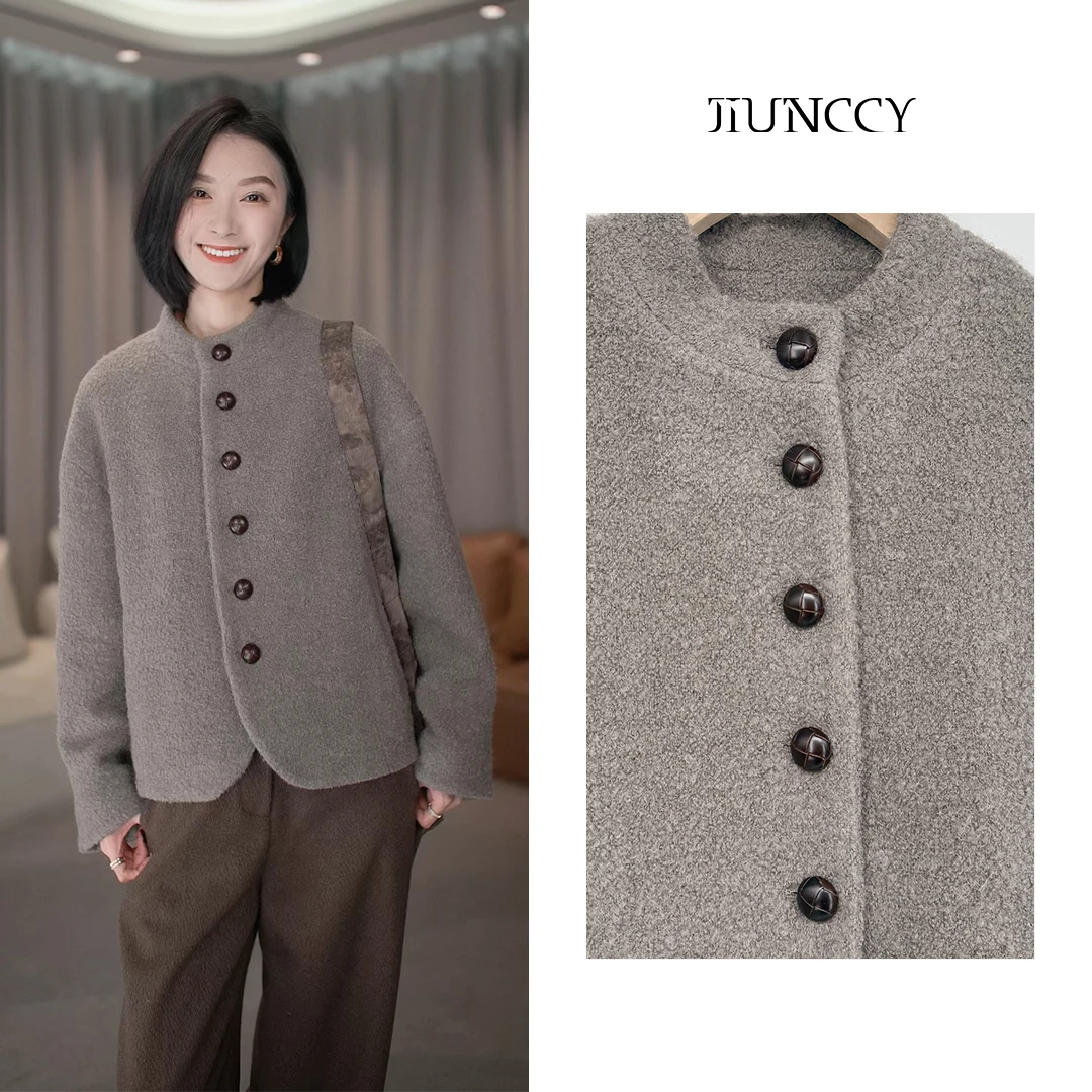 JIUNCCY【安妮】早春羊毛羊驼毛真头层牛皮编织扣毛圈感外套42WT100
