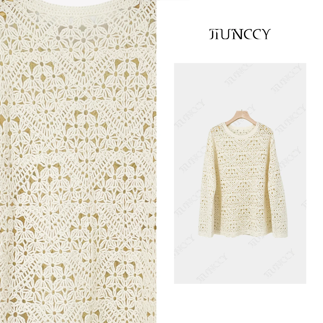 JIUNCCY【花楹】100%澳毛镂空花格休闲圆领长袖套头毛衣 42ZZ062