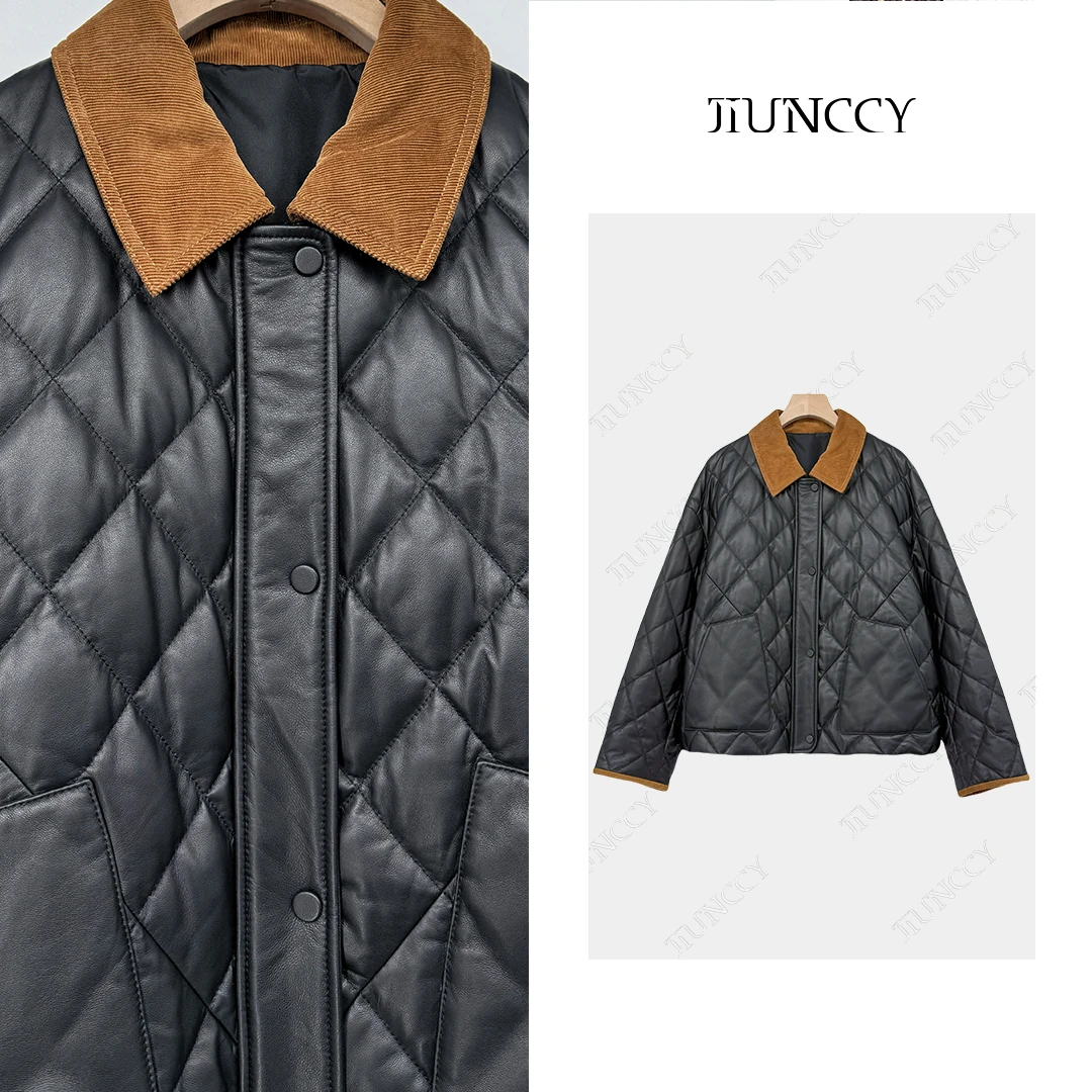 JIUNCCY【京墨】拼接撞色翻领菱格真皮90白鹅绒皮衣羽绒服 42YRF072