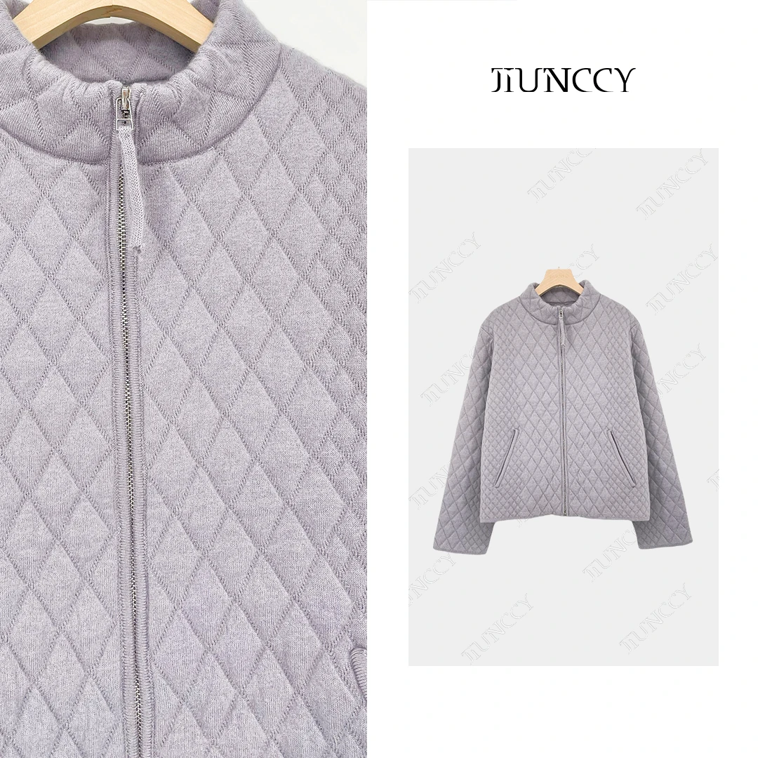 JIUNCCY【凌云】100羊毛菱格双拉链简约休闲气质针织外套 42WT090