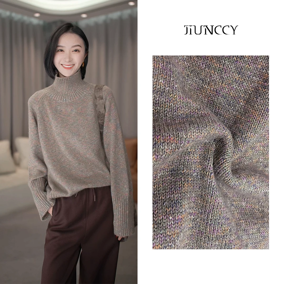 JIUNCCY【星空NEW】浣熊绒绵羊毛定制珠片彩色花纱高领毛衣42ZZ101P