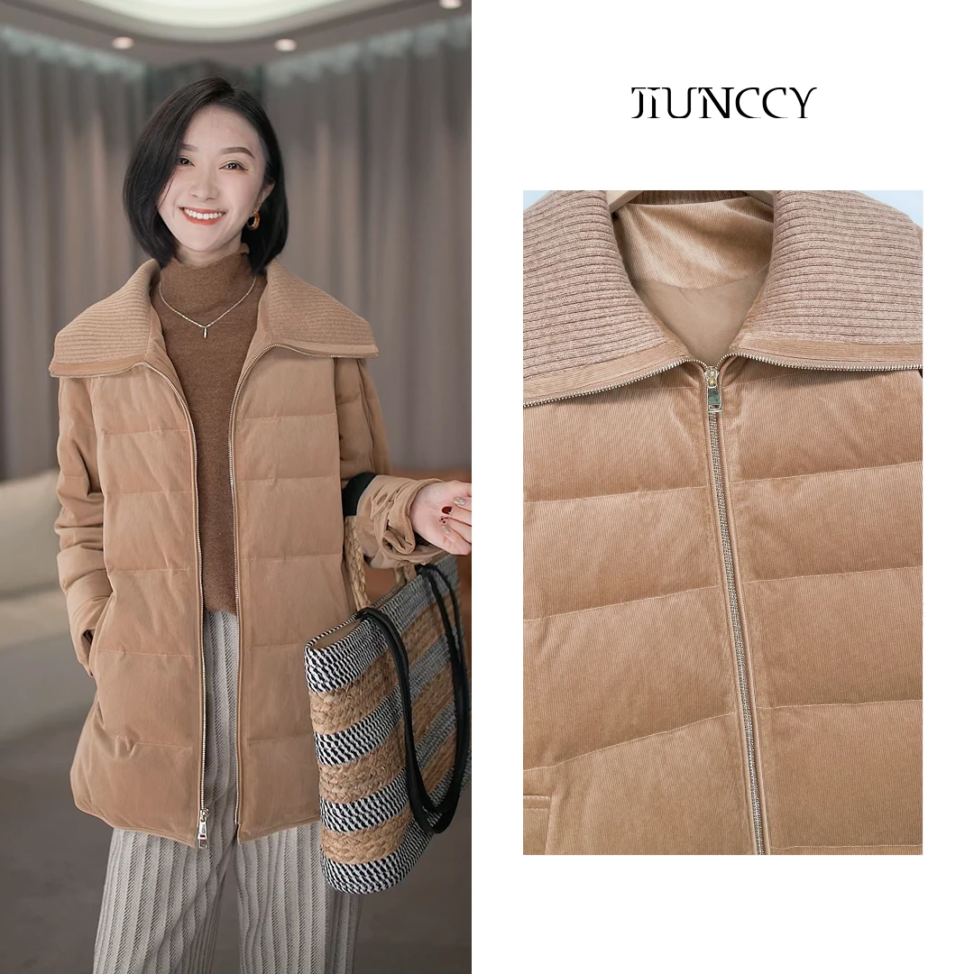 JIUNCCY【空月】超细灯芯绒拼毛织领90白鹅绒一手长羽绒服 42YRF041
