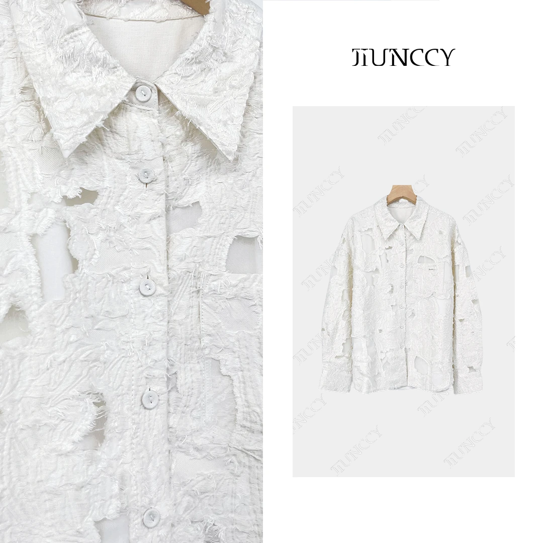 JIUNCCY【白芷】定制特殊烧花剪花流苏高级气质长袖衬衣外套24WT035