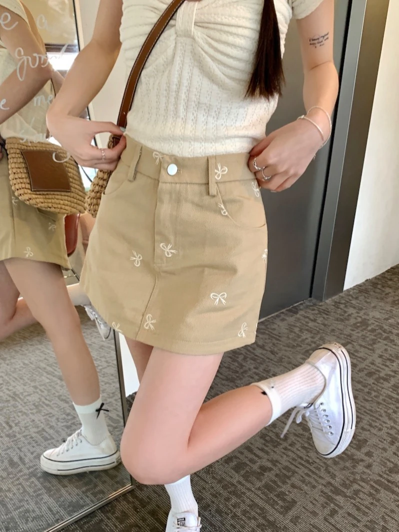 卡其色牛仔半身裙女夏季新款学院风高腰显瘦a字裙小个子百搭短裙