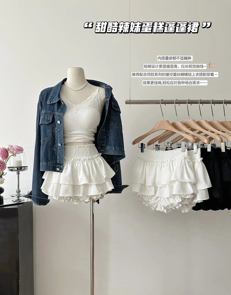 白色甜美蓬蓬蛋糕短裙女夏季芭蕾风松紧腰小众设计感a字半身裙子