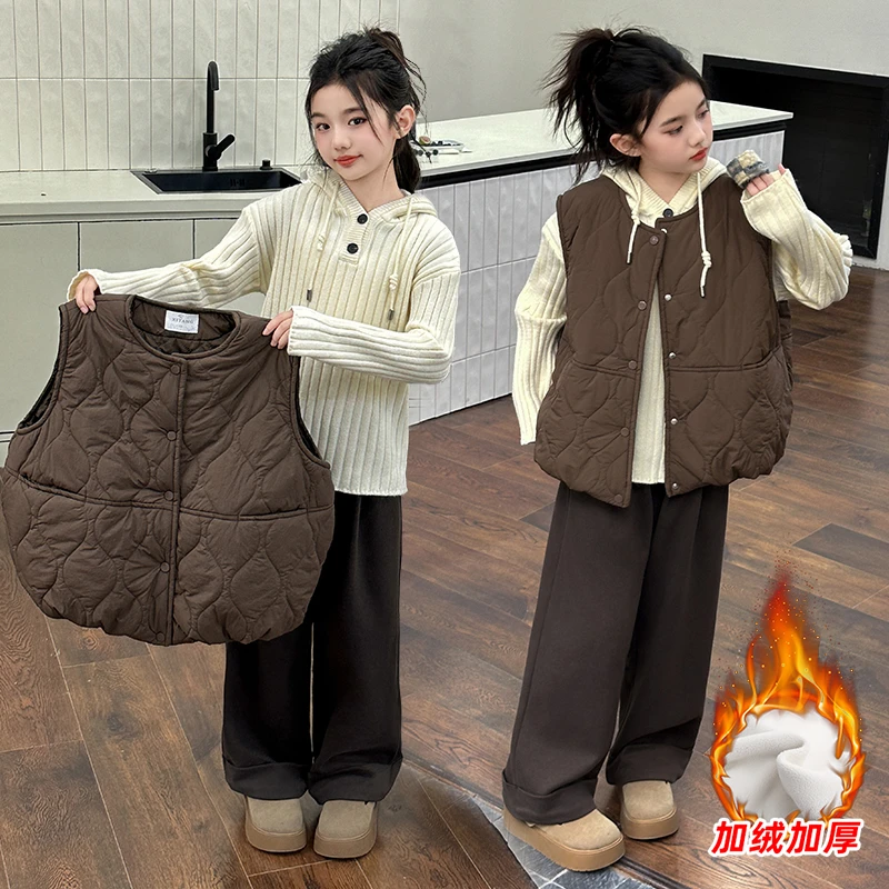 女童套装秋冬款2024新款中大儿童冬季洋气加厚夹棉马甲帽衫三件套