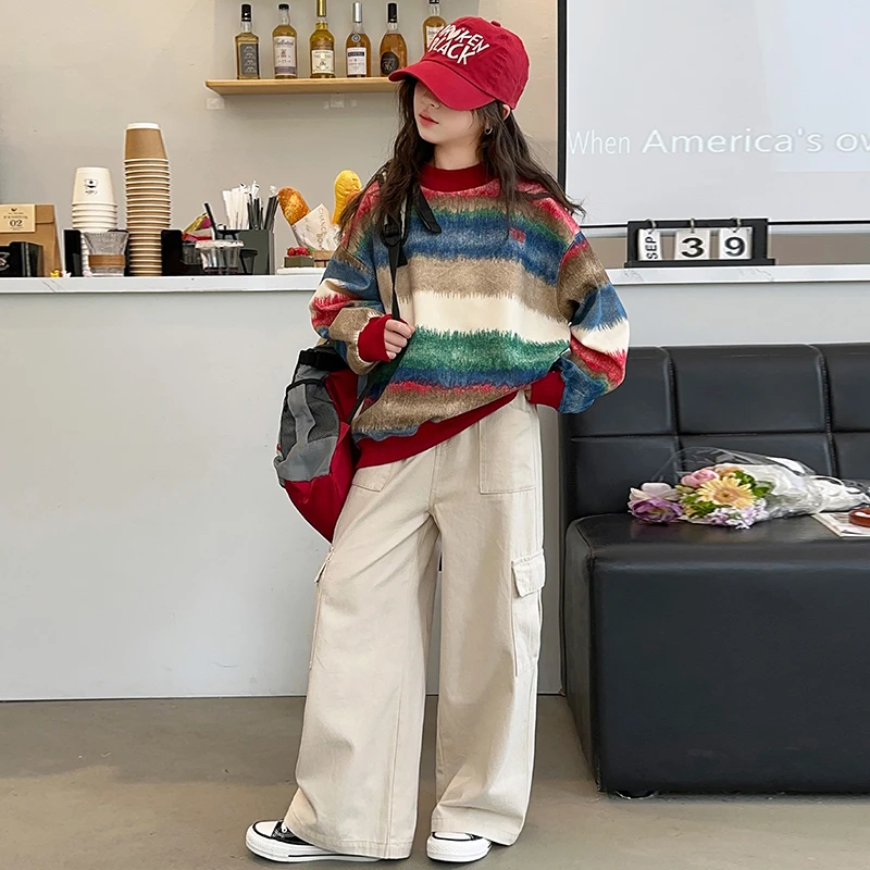 女童春装套装2025新款爆中大童网红儿童洋气时髦卫衣工装裤两件套