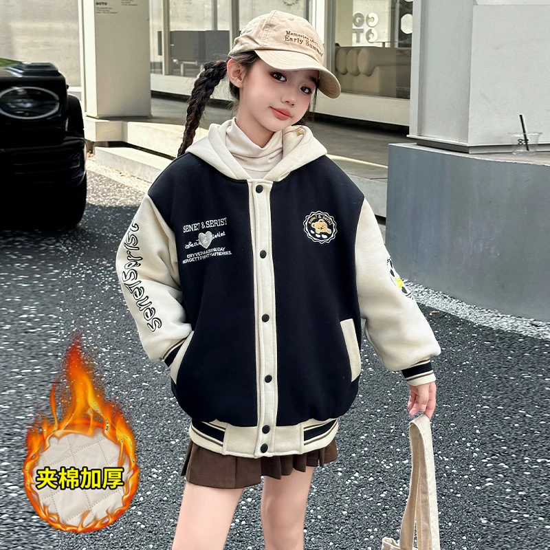 女童外套秋冬款2025新款爆款6-12岁中大儿童加厚夹棉棒球服上衣潮