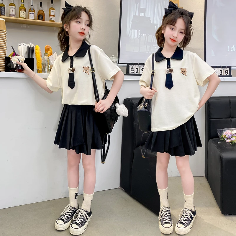 女童夏装套装2025新款爆款中大童洋气时髦夏季短袖POLO衫百褶短裙