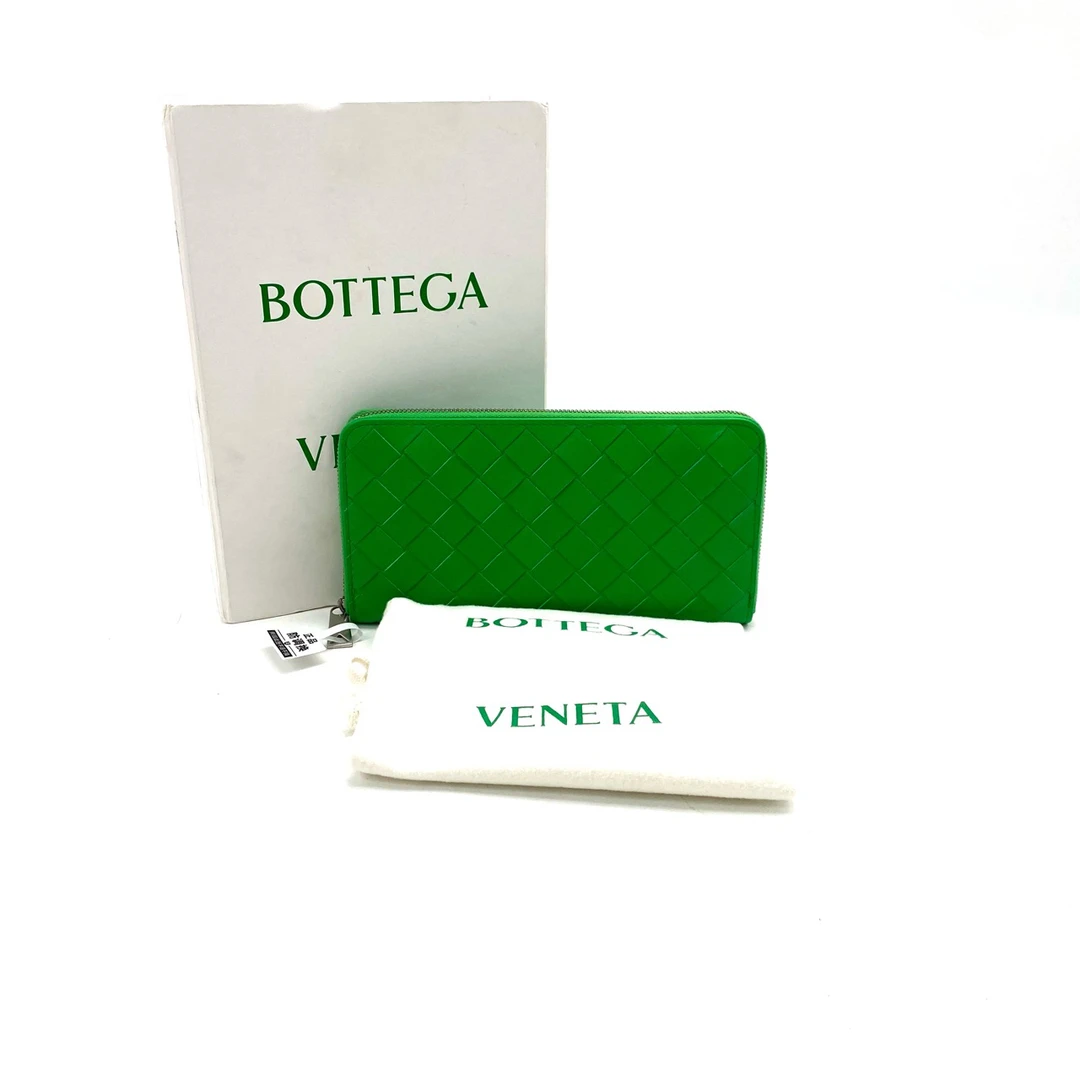 99新 BOTTEGA VENETA/葆蝶家 闲置绿色全皮拉链钱包 尺寸20/10