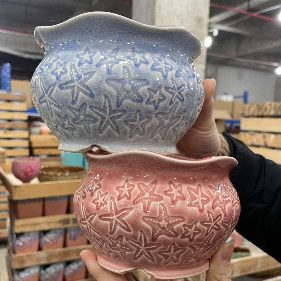 【直播专享】多肉陶瓷花盆网红冰裂透气绿植盆海星印章盆景组合