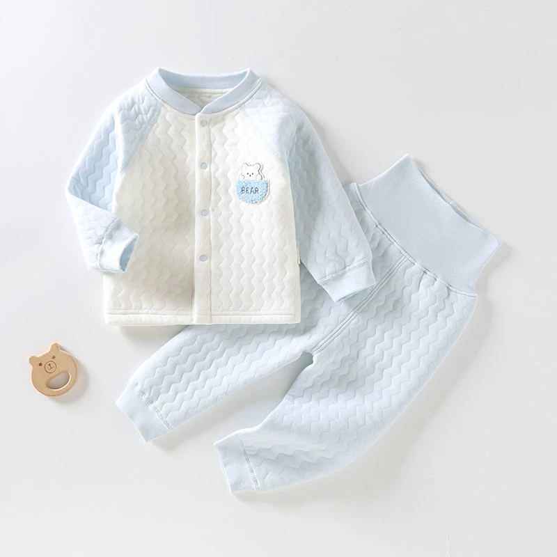 【萌】婴儿秋冬内衣套装宝宝三层保暖高腰护肚两件套无骨长袖打底衣