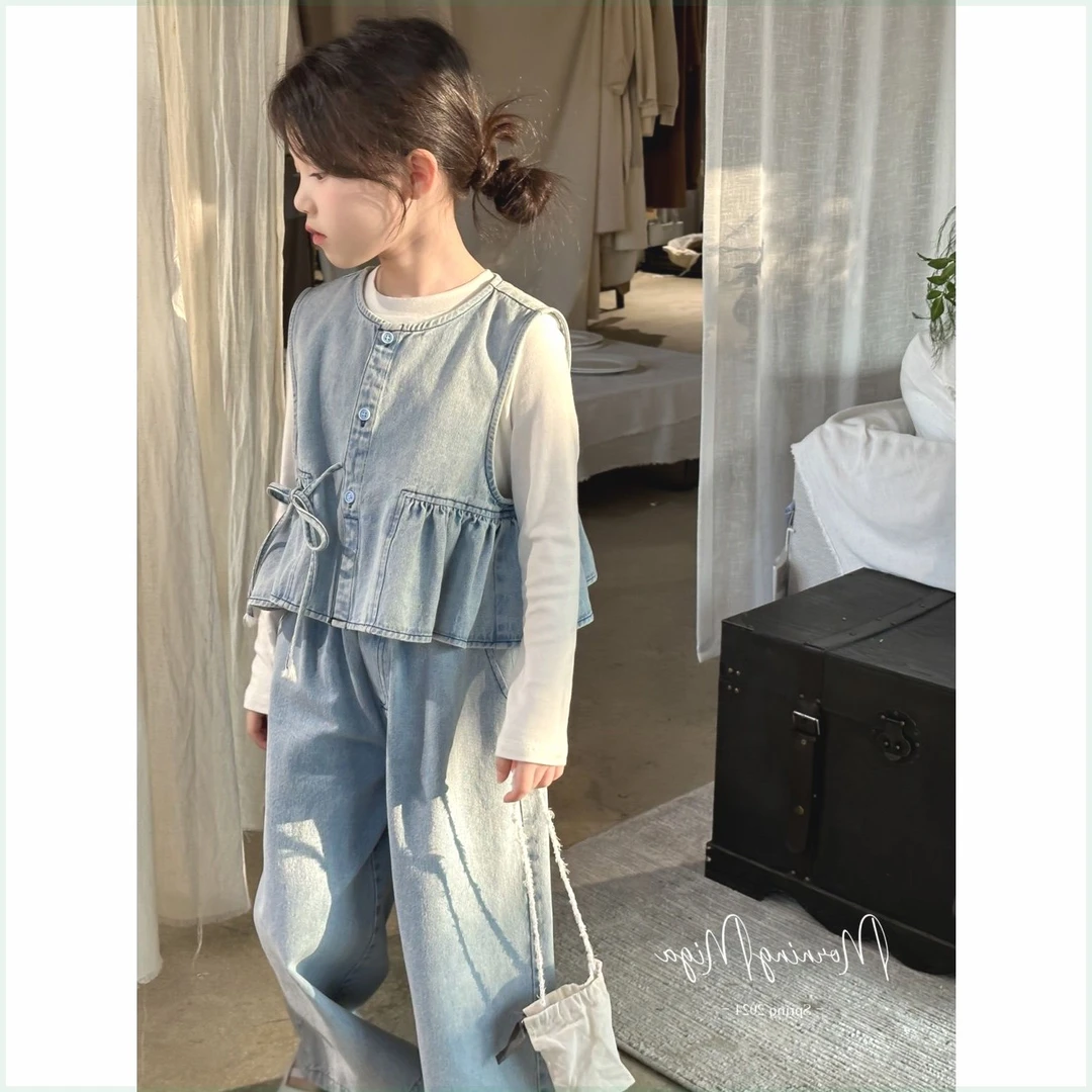 现货 圆子家女童秋季新款三件套女宝宝秋款马甲+长袖打底牛仔套装