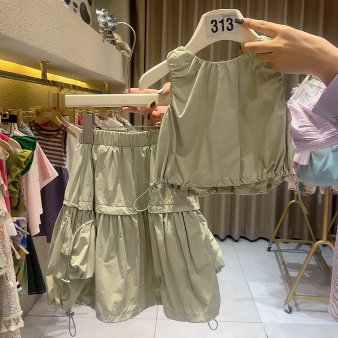 圆子家 女童洋气设计感甜酷背心女孩工装裙夏季薄款条纹套装8974