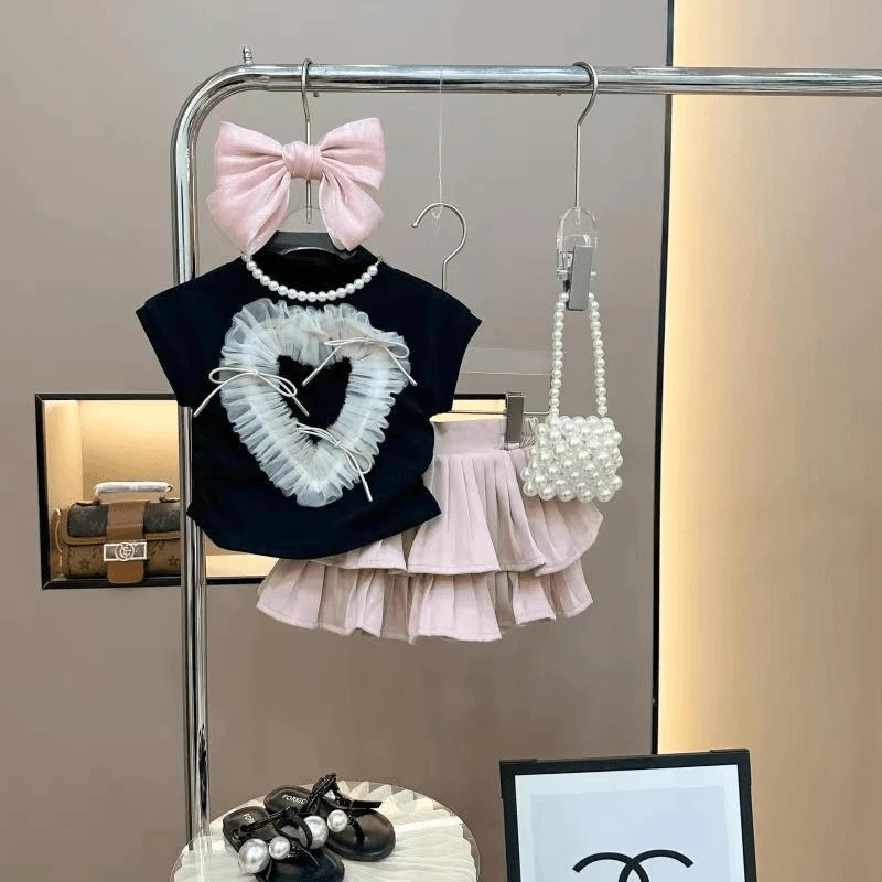 现货圆子家 女童网红套装夏装韩版童装儿童T恤粉色百褶裤裙两件套