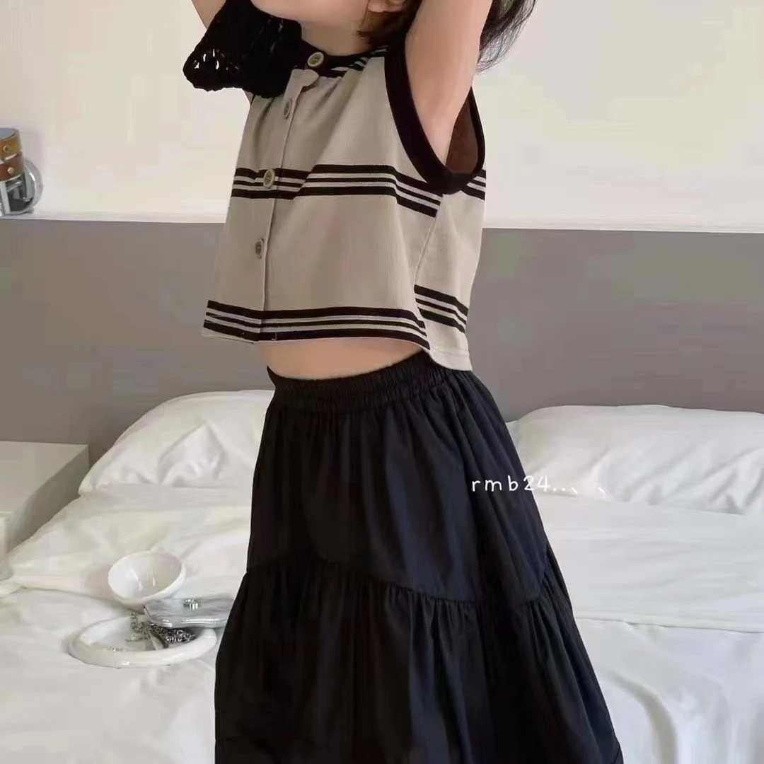 现货圆子妈 现货韩系显瘦两件套条纹开衫大裙摆半身裙套装