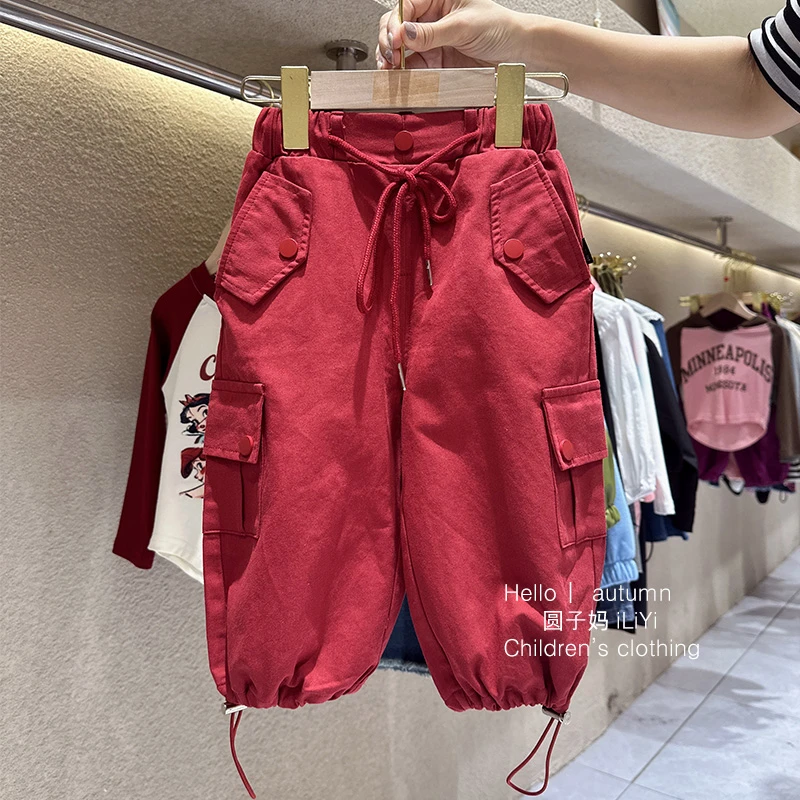 现货 女童洋气设计小众甜酷外穿纽扣秋季秋款秋裤时尚工装裤子