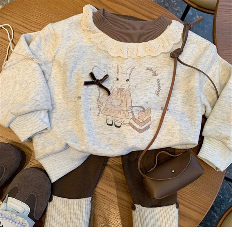 圆子家 女童套装加绒卫衣可爱秋冬款秋冬女宝宝一体绒两件套9102