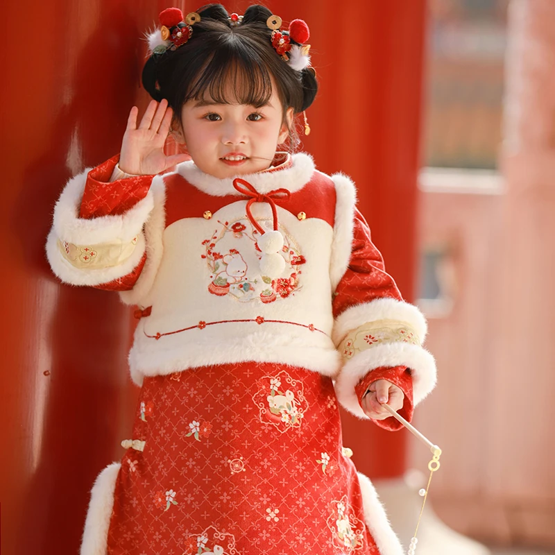 【花间兔】女童格格服2025新款冬季儿童国风新年旗袍宝宝拜年服套装