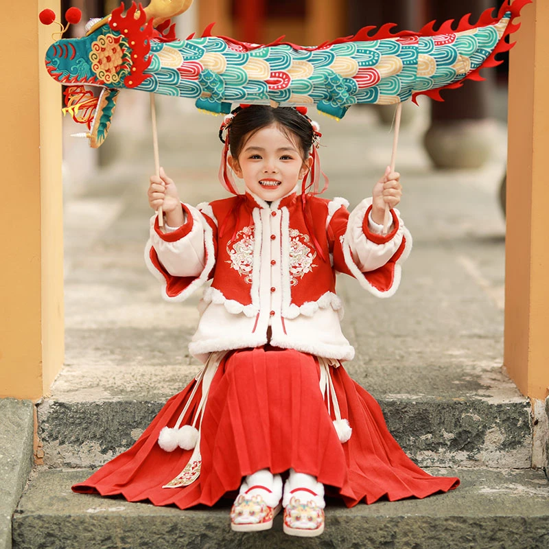 【团团】新款汉服女童拜年服2023新款冬季女宝加绒过年衣服