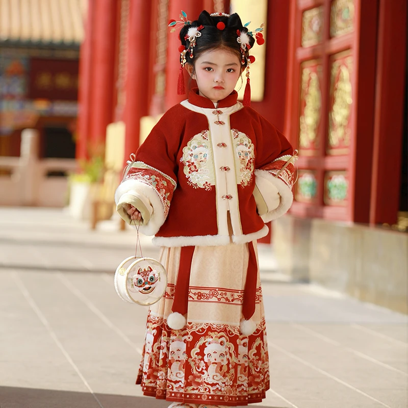 【岁烛】女童拜年服冬季新款汉服儿童国风套装过年喜庆女宝马面裙