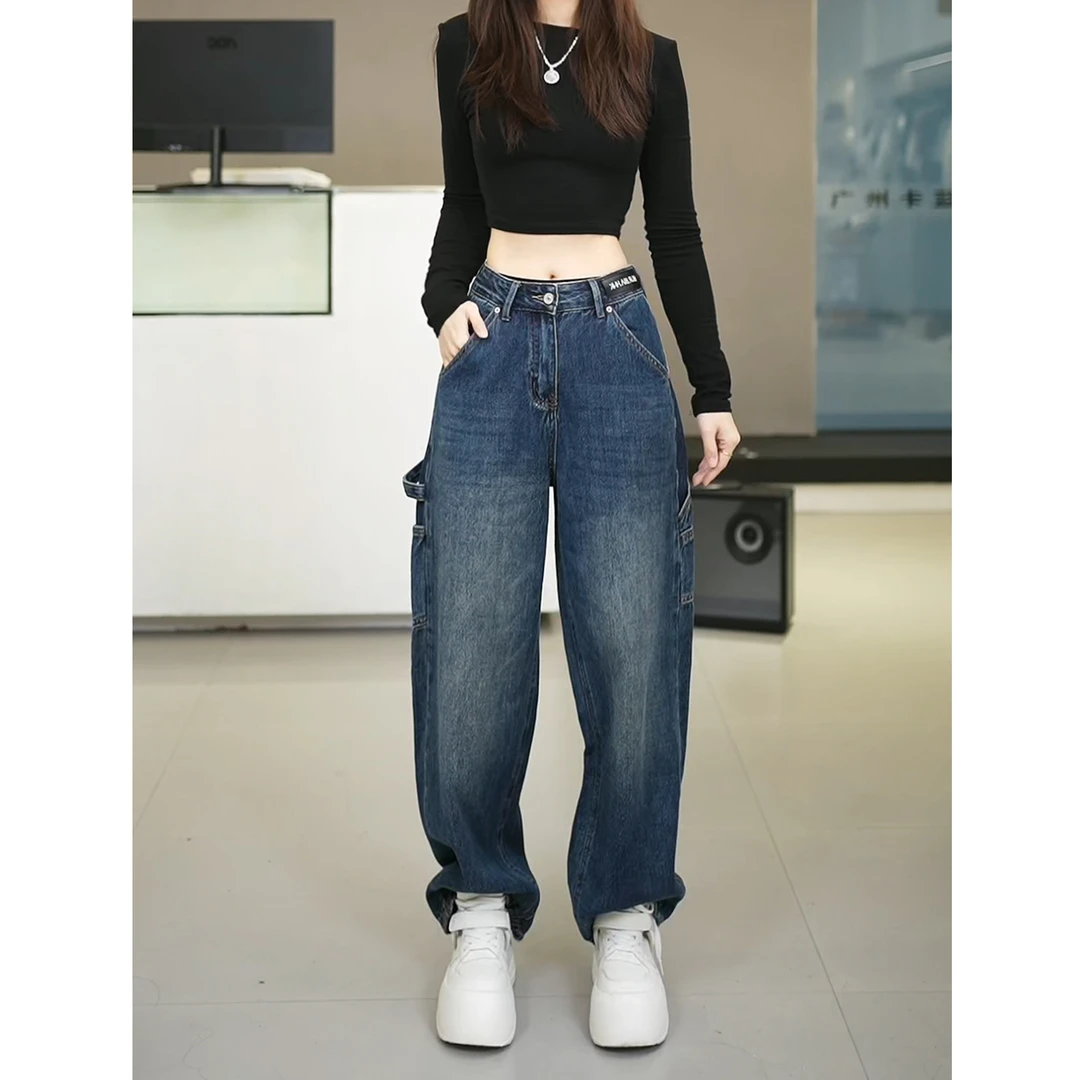 ZY66622【小林专享】秋新款工装风精裁剪高腰休闲水洗牛仔堆堆裤女
