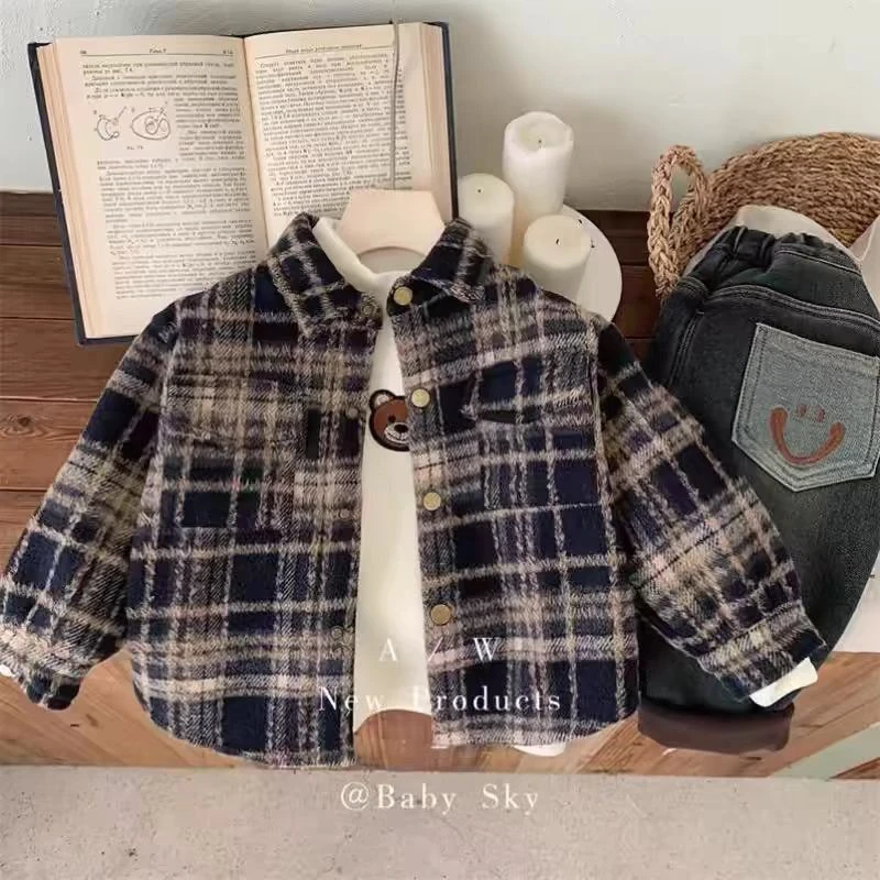 儿童2024韩版秋冬款装加厚洋气潮格子衬衫加厚呢外套男女宝宝休闲