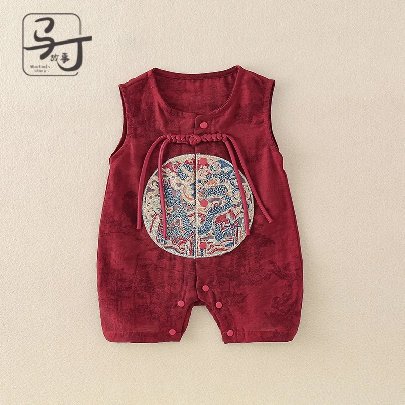 小月龄宝宝抓周礼服夏季连体衣男国风婴儿衣服夏装满月百天周岁服