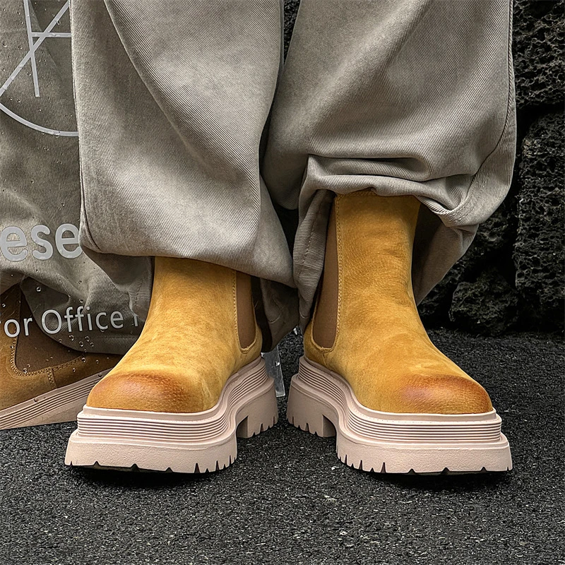 切尔西靴男一脚蹬烟筒靴高帮鞋秋季马丁靴厚底休闲男靴-X