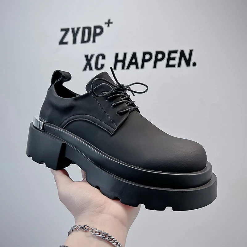 金属风厚底德比鞋男小众黑色增高圆头休闲通勤系带皮鞋-A