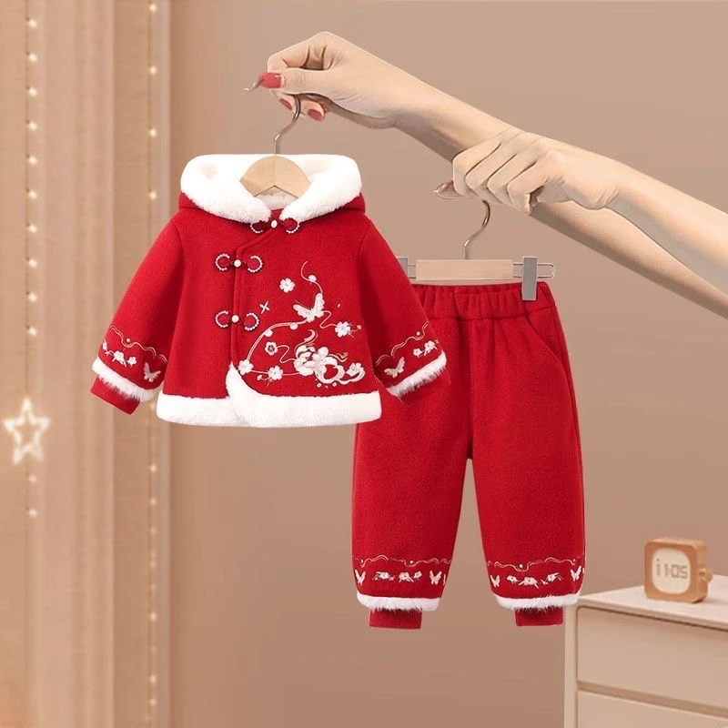 女童冬季中国风刺绣喜庆拜年服加绒套装2025新款儿童唐装周岁礼服