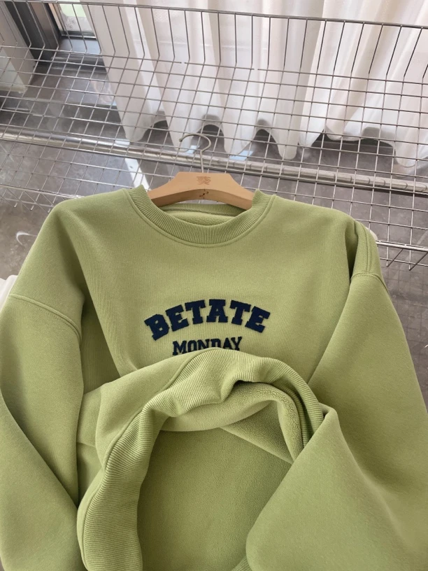 【Ruby佩】新品字母牙刷绣加绒慵懒风圆领卫衣女