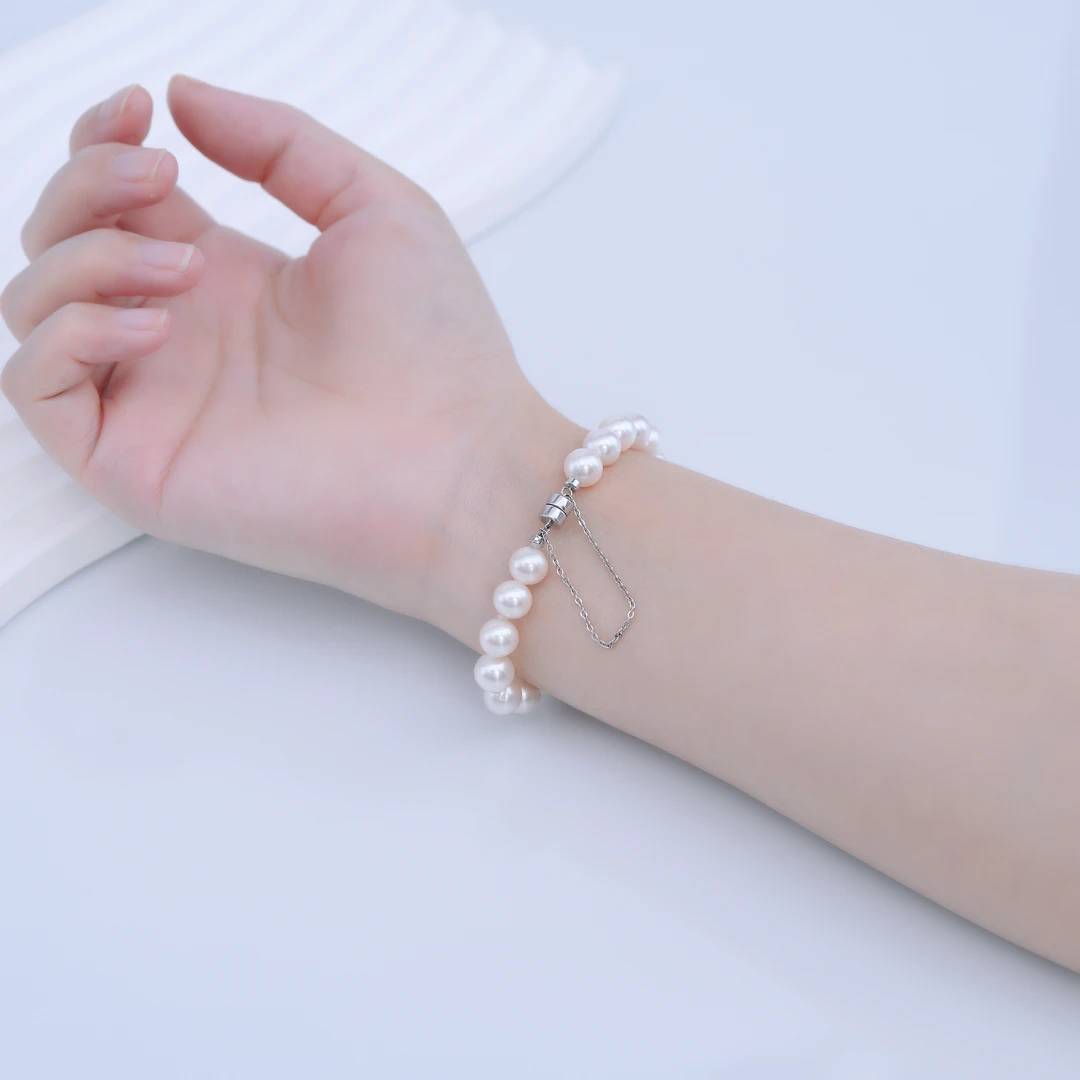 淡水无核珍珠磁吸扣手链S925银 7.3-8.3mm强光珍珠简约仙女手链