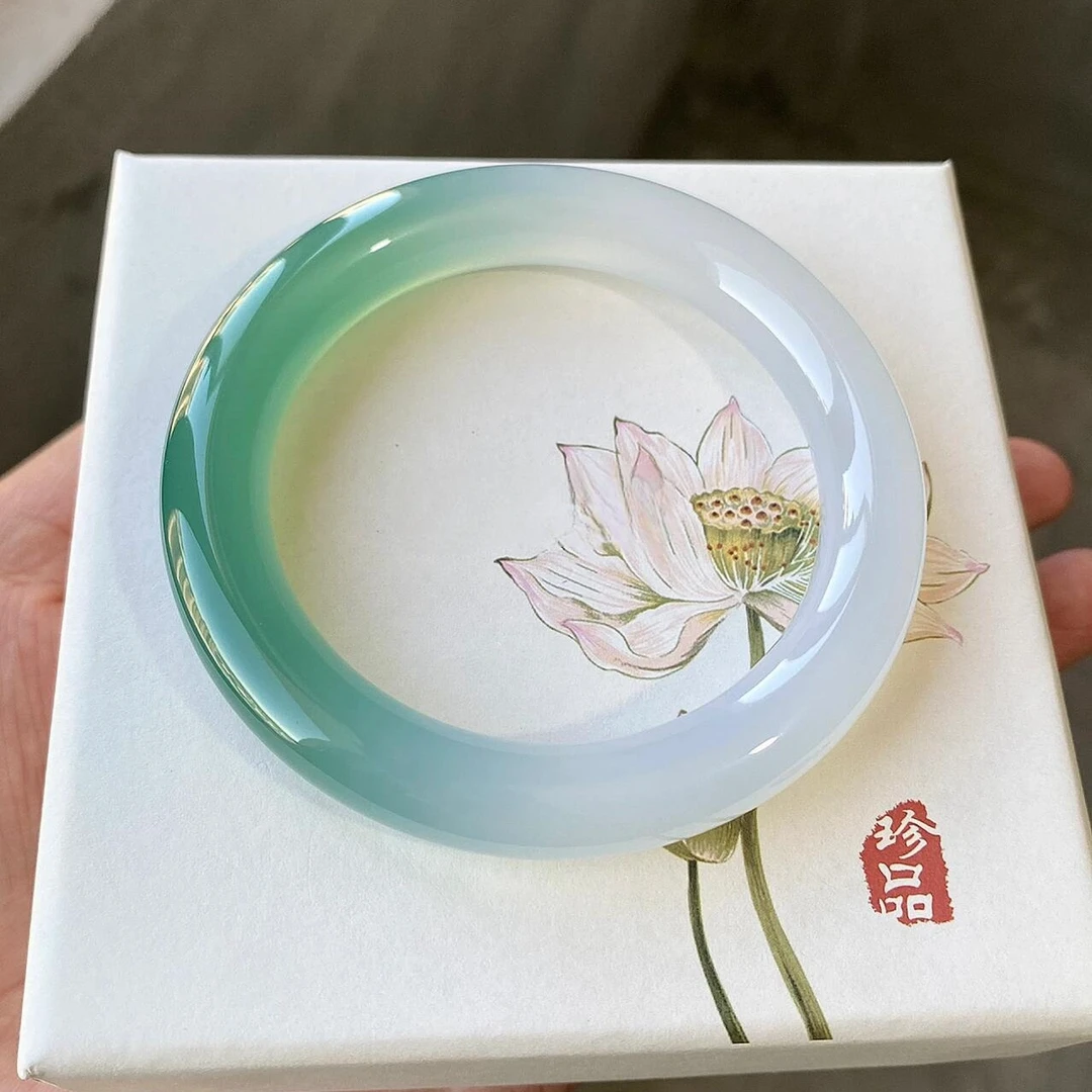 官方正品玉髓半山水手镯天然玛瑙国风青绿渐变圆条镯多样性发一