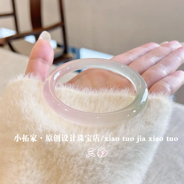 天然半山水马卡龙冰透玛瑙玉髓手镯圆条玉镯渐变春带彩多样性发一