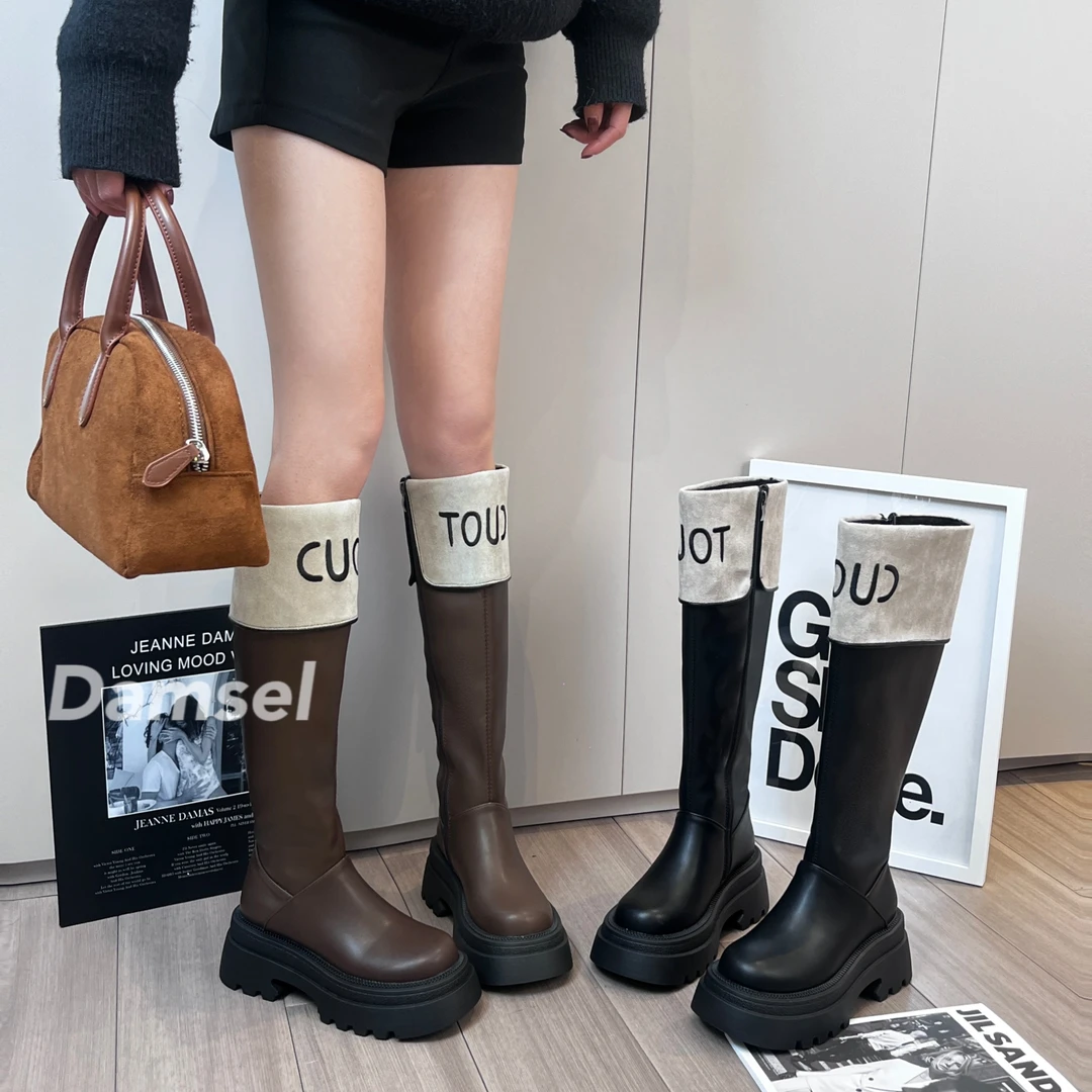 刺绣字母厚底高筒靴女2024秋冬新款时尚百搭加绒骑士英伦风ol长靴