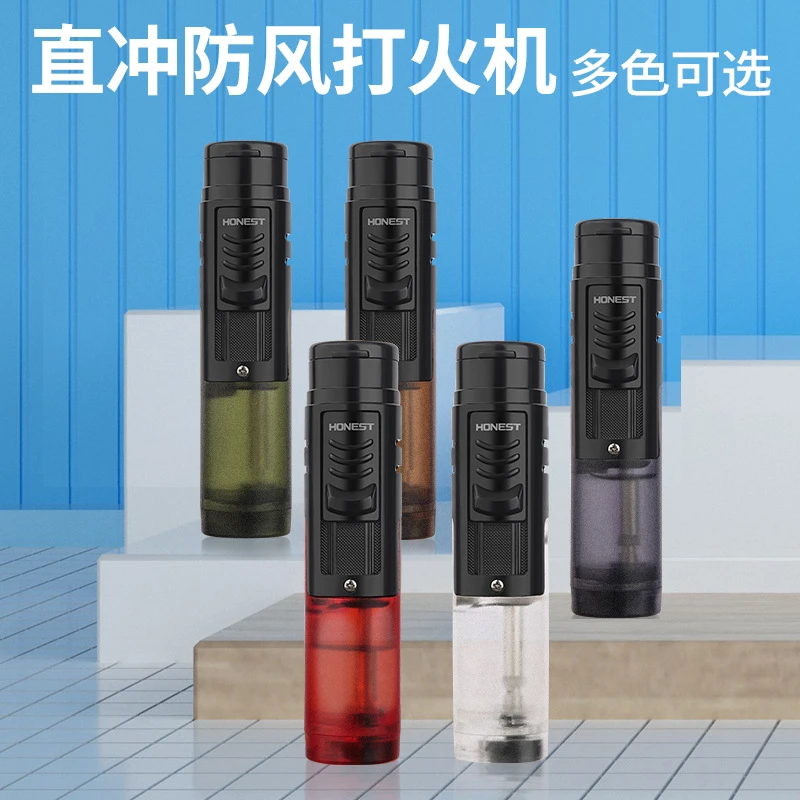 新款百诚透明仓直冲雪茄打火机充气蓝焰防风点艾灸火机点柴火便携