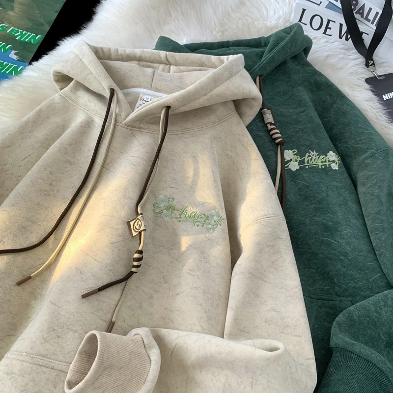 砂洗做旧刺绣卫衣男潮牌春秋款连帽重磅oversize美式复古高街外套