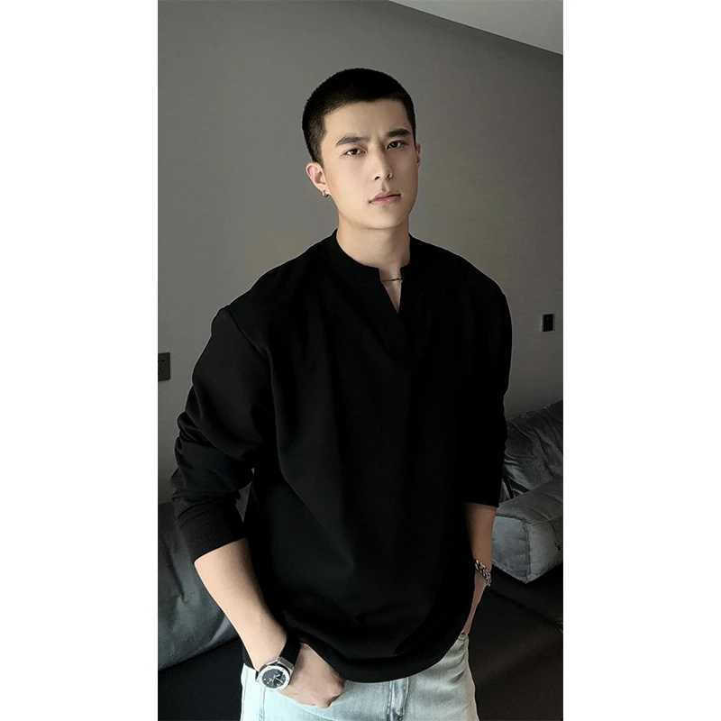 黑色轻熟风V领卫衣男潮春秋季痞帅小领口美式复古T恤长袖打底衫