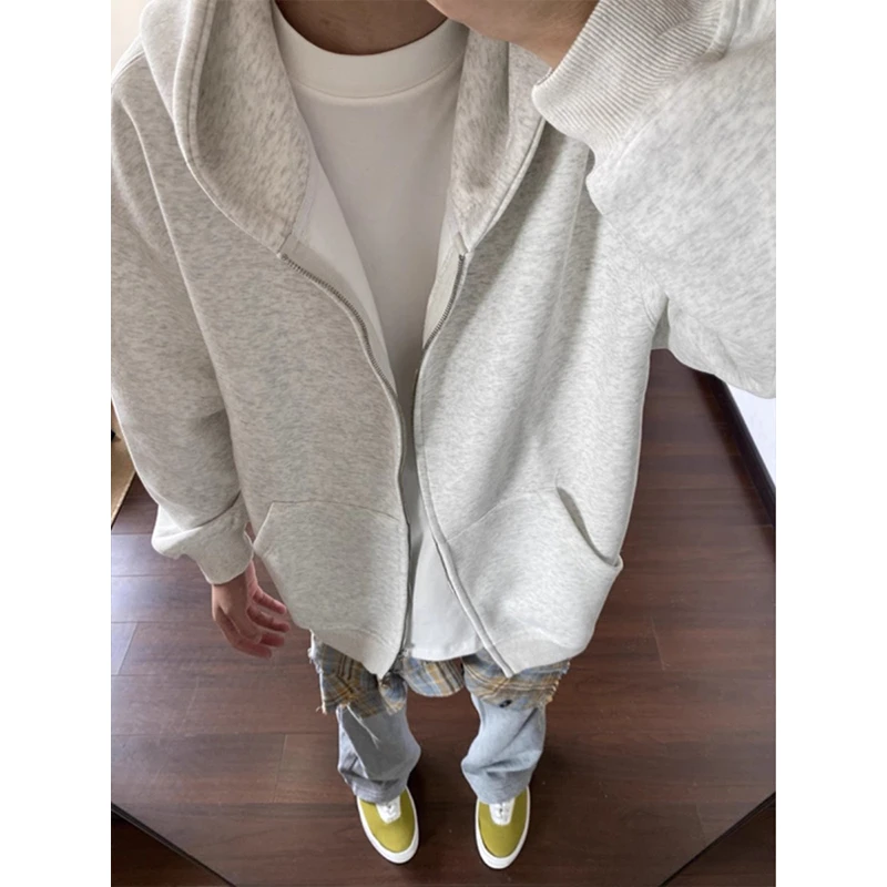 白灰色连帽开衫卫衣男款秋冬加绒高级感美式重磅拉链cleanfit外套