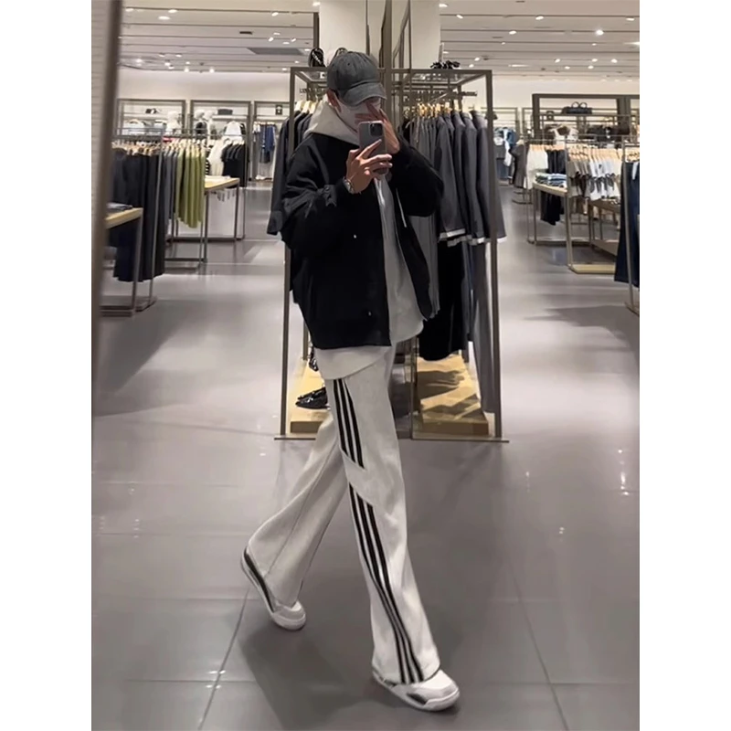 花灰色条纹运动卫裤男潮牌春季美式复古三条杠裤子直筒宽松休闲裤