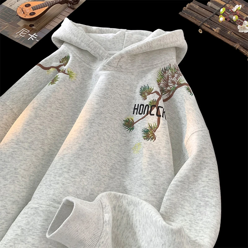 国潮迎客松刺绣卫衣男潮牌秋季连帽高克重磅上衣高街oversize外套