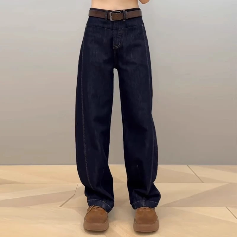丹宁深蓝色弯刀牛仔裤男潮牌秋季美式复古裤子阔腿裤直筒工装长裤