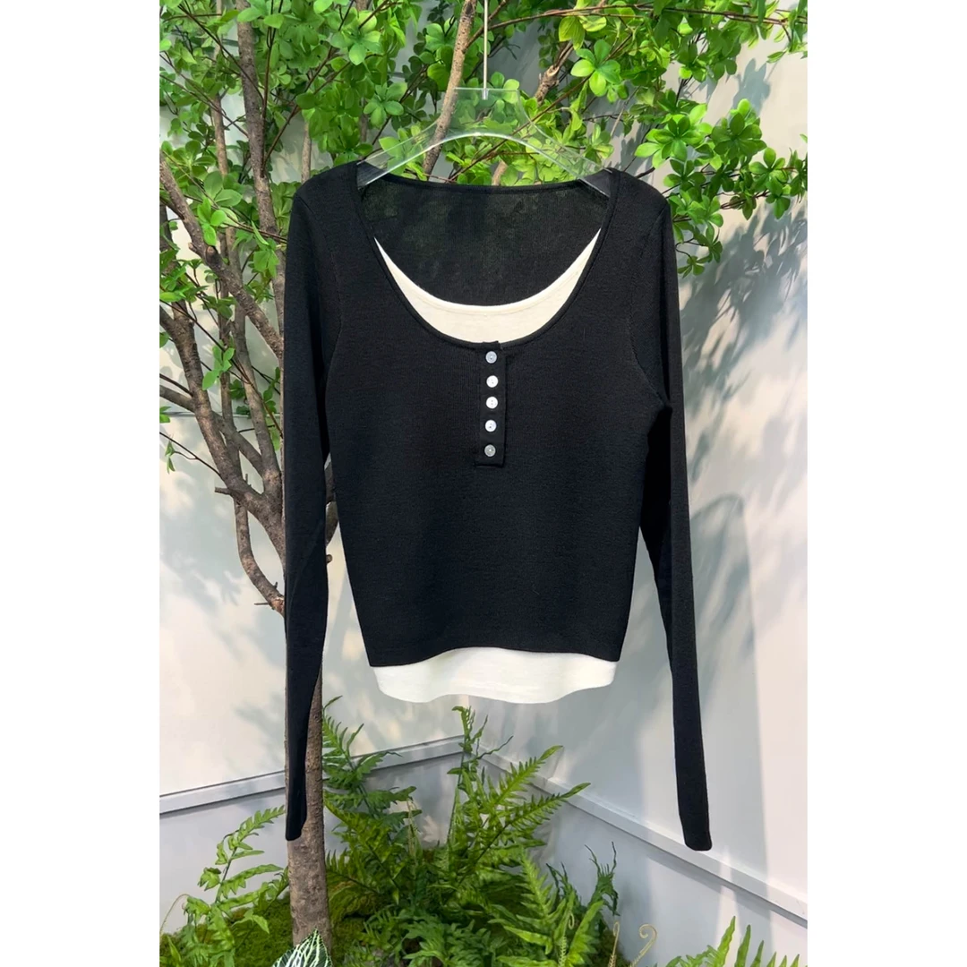 显瘦羊毛长袖针织衫气质圆领打底套头假两件高级时尚百搭拼接上衣