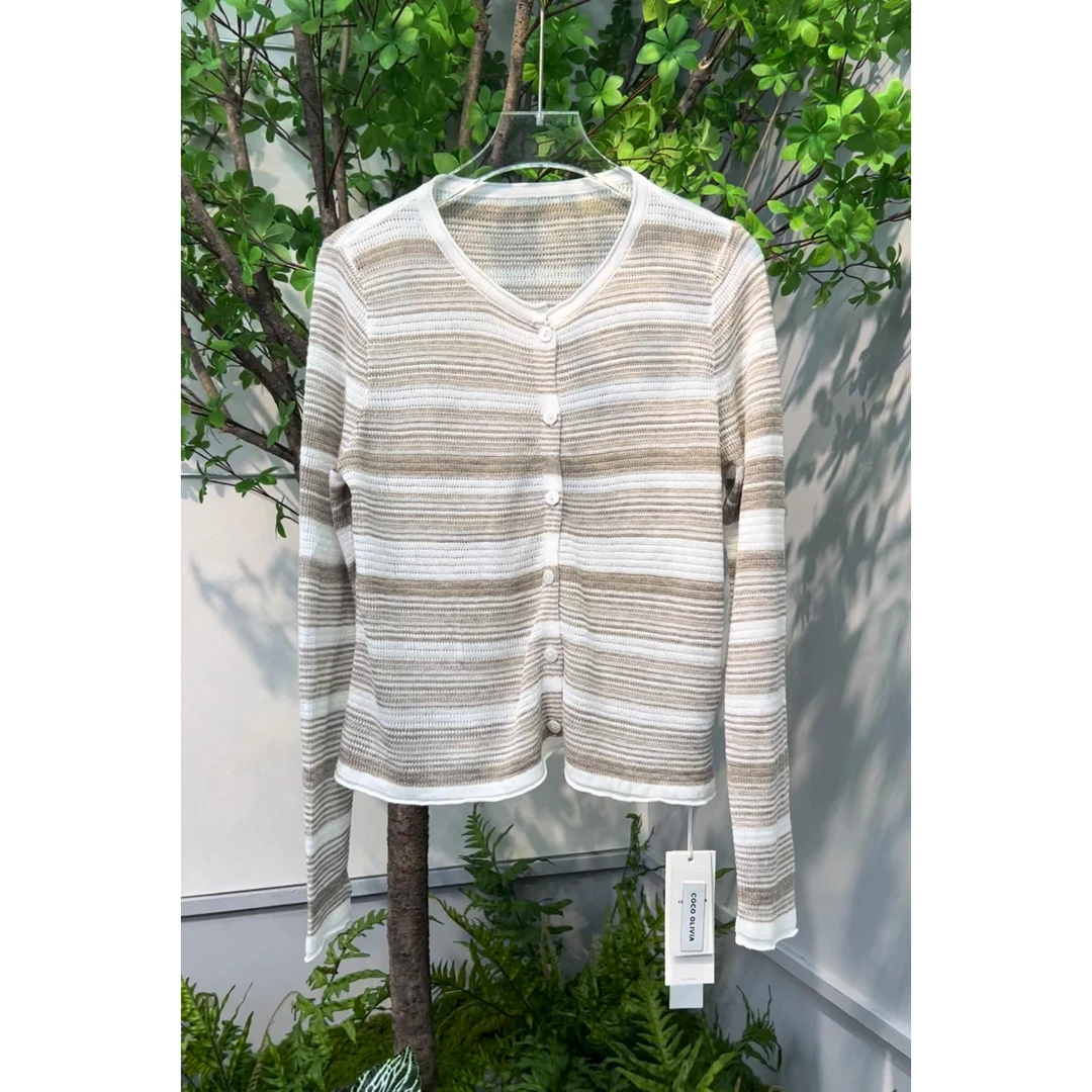 气质开衫女四季外套圆领长袖针织打底衫条纹百搭宽松上衣秋冬必备