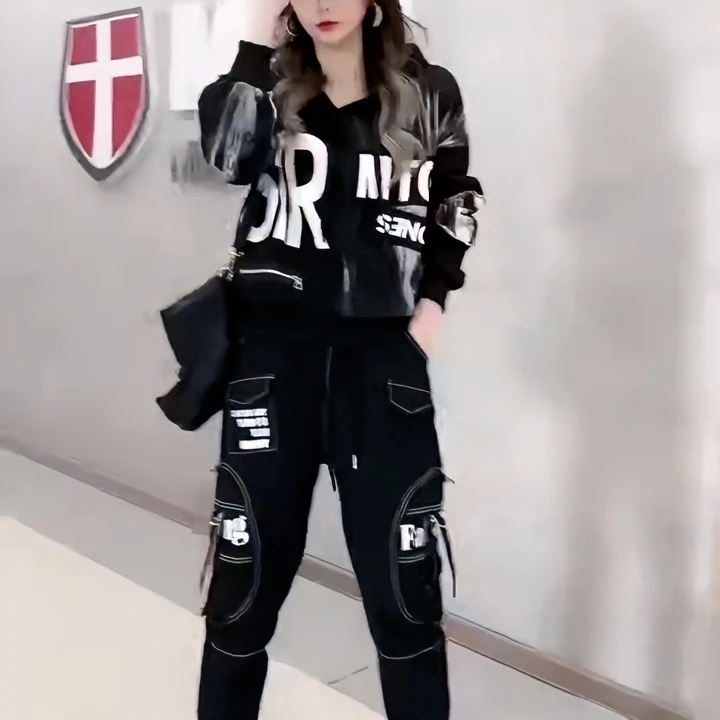 春秋新款连帽宽松时尚休闲显瘦洋气长袖牛仔小脚裤潮流运动两件套