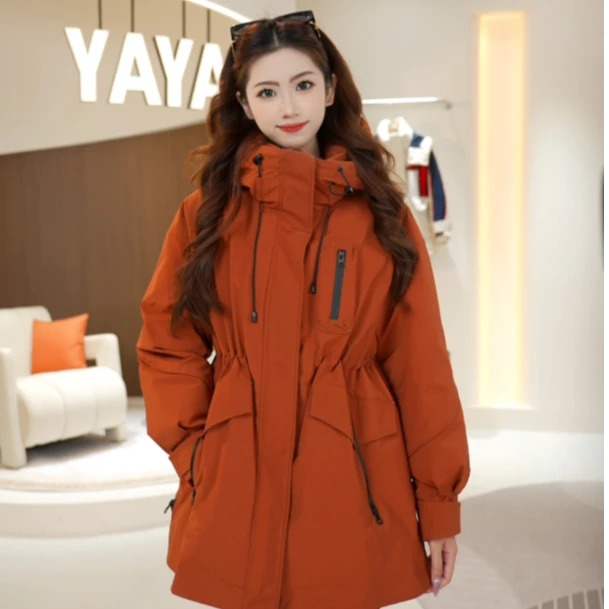 YAYA/鸭鸭中长款羽绒服女2024冬季加厚收腰气质减龄连帽派克外套
