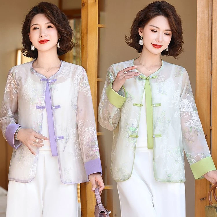 新中式妈妈夏装外套中老年女装防晒衣服夏季刺绣上衣薄款国风唐装