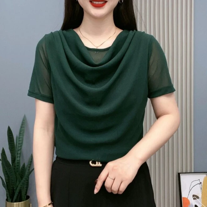 大码女装2024夏新款网纱短袖T恤打底衫X洋气妈妈装堆堆领纯色上衣