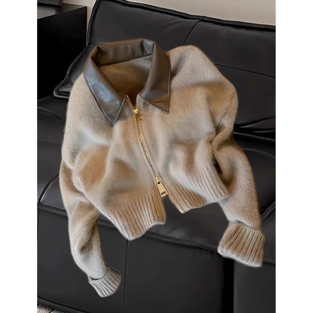 初秋双拉链毛衣女2024秋新款时尚翻领慵懒风软糯针织开衫外套